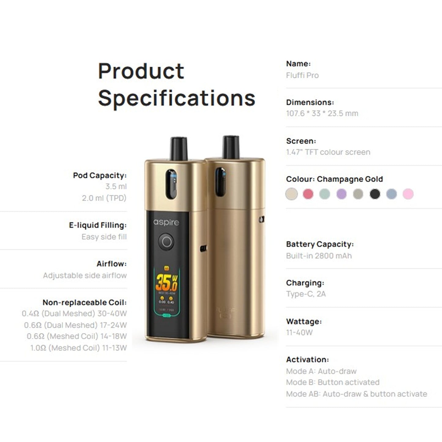 Aspire Fluffi Pro 2800mAh –  Light Gunmetal